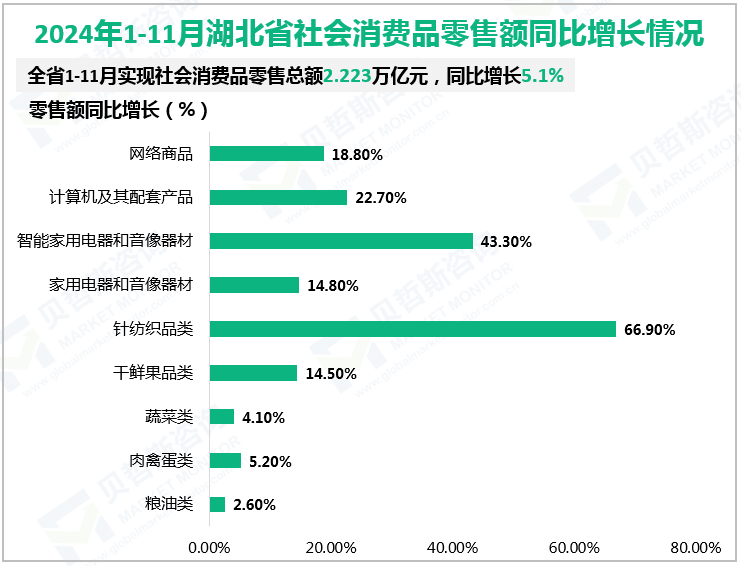 2024年1-11月湖北省社会消费品零售额同比增长情况