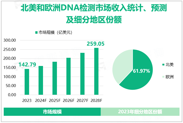 北美和欧洲DNA检测市场收入统计、预测及细分地区份额