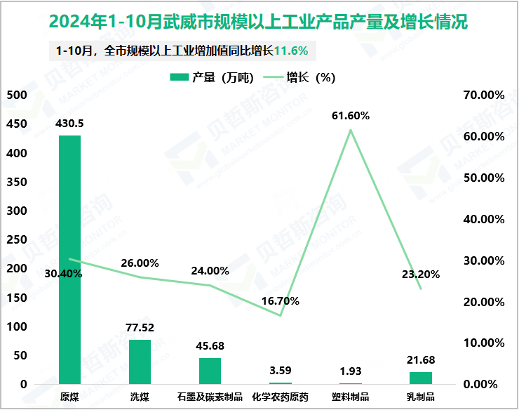 2024年1-10月武威市规模以上工业产品产量及增长情况