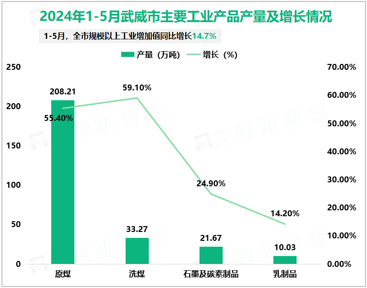 2024年1-5月武威市主要工业产品产量及增长情况