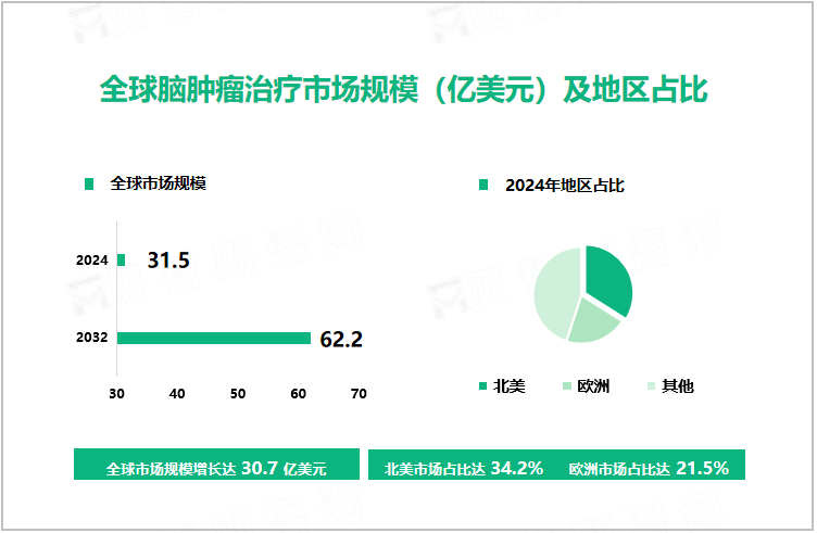 全球脑肿瘤治疗市场规模（亿美元）及地区占比