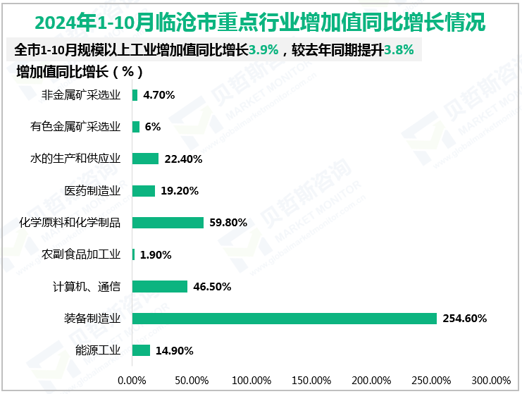 2024年1-10月临沧市重点行业增加值同比增长情况