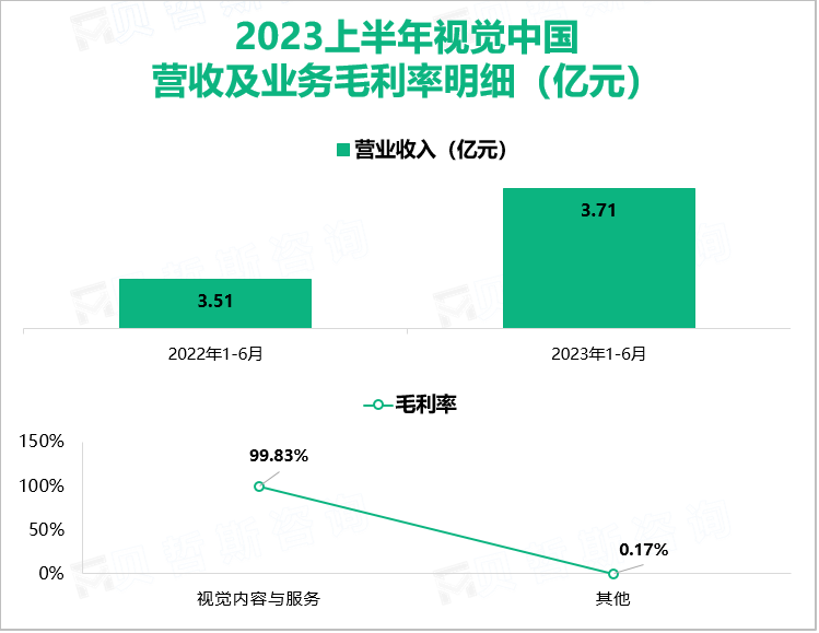 2023上半年视觉中国 营收及业务毛利率明细（亿元）