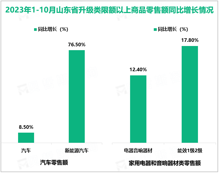 2023年1-10月山东省升级类限额以上商品零售额同比增长情况