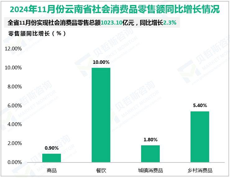 2024年11月份云南省社会消费品零售额同比增长情况