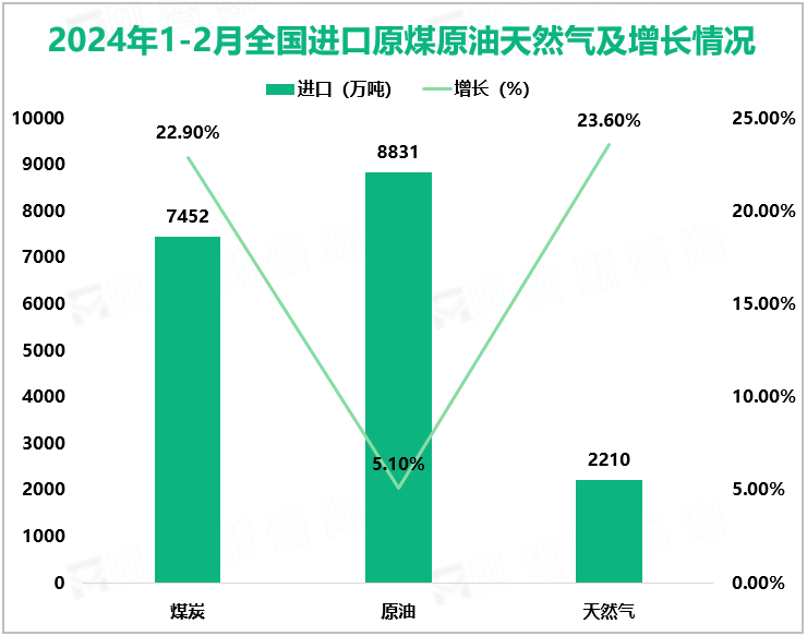 2024年1-2月全国进口原煤原油天然气及增长情况