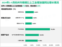 2024年1-5月杭州市规模以上工业增加值1718亿元，同比增长4.3%