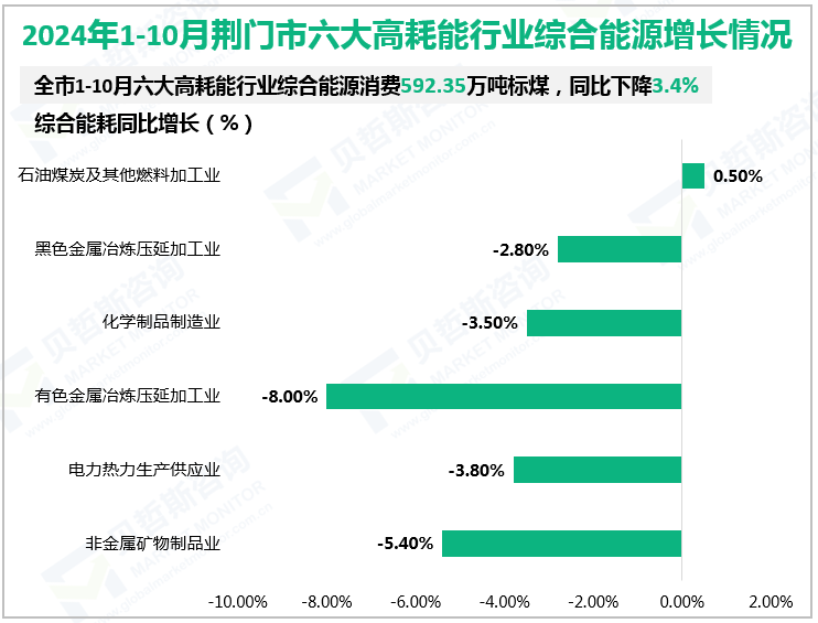 2024年1-10月荆门市六大高耗能行业综合能源增长情况