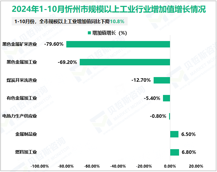 2024年1-10月忻州市规模以上工业行业增加值增长情况